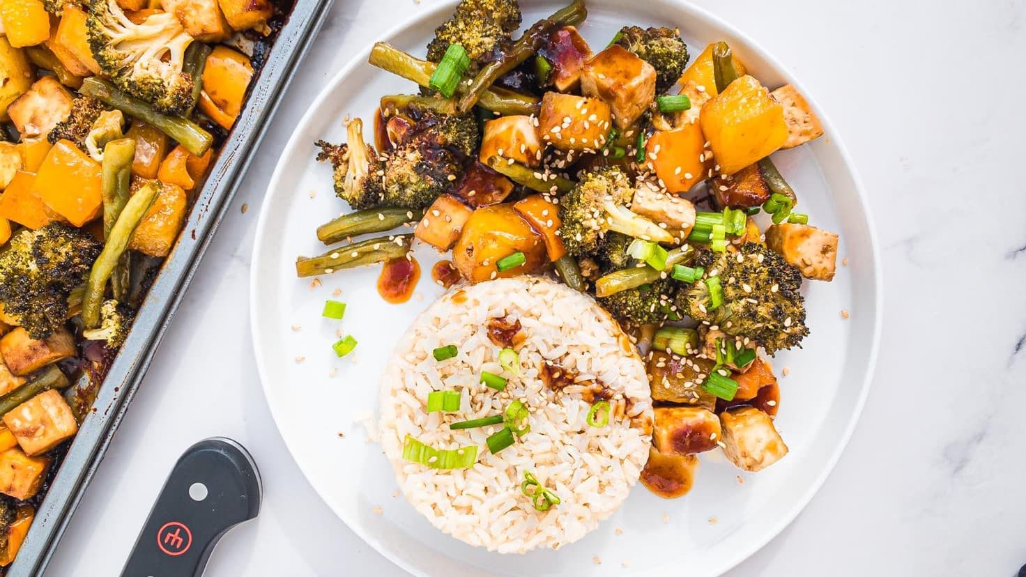 Teriyaki tofu recipe prepared and plated